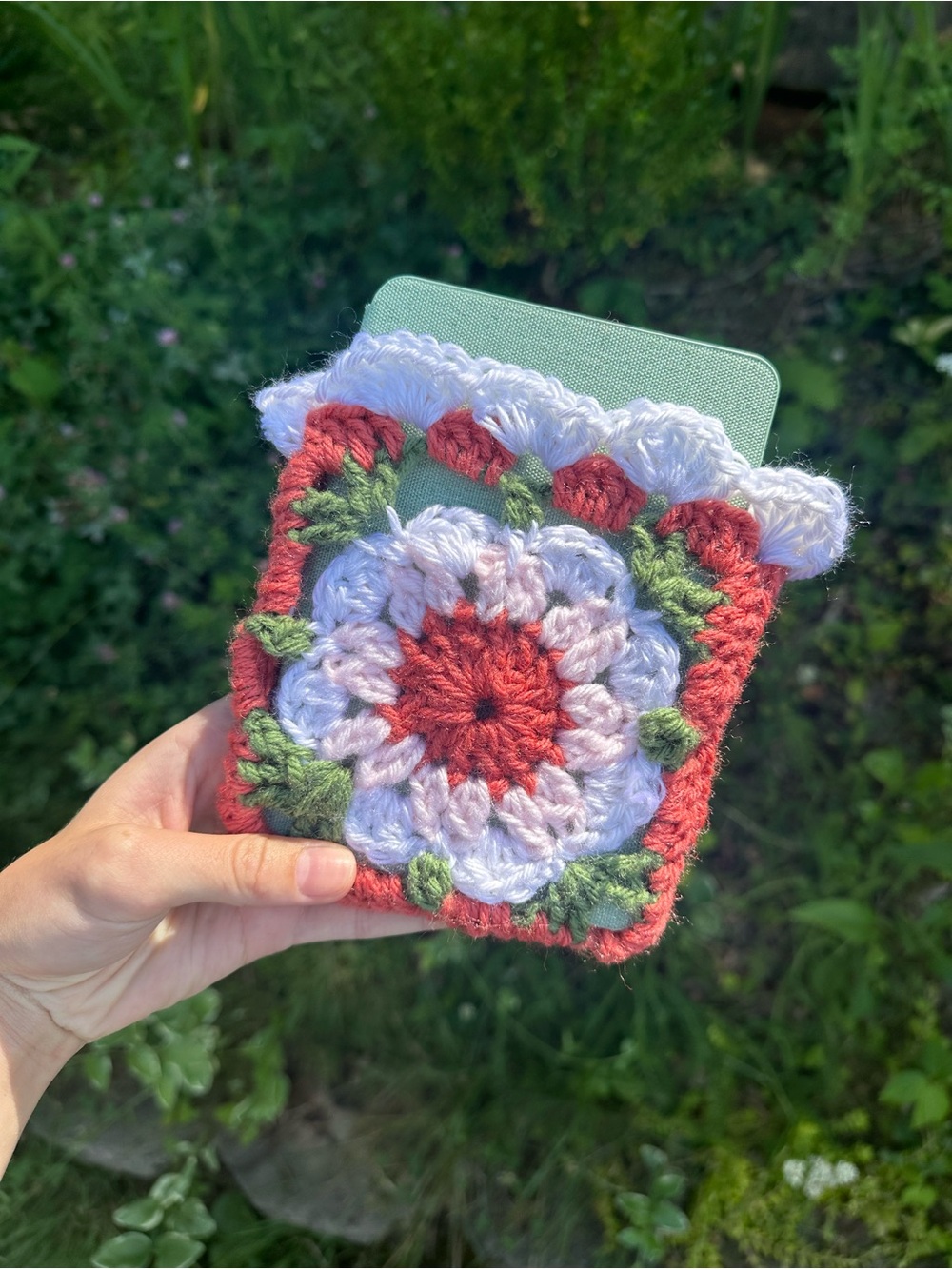 Handmade Crochet Kindle Sleeve in Coral, White & Sage